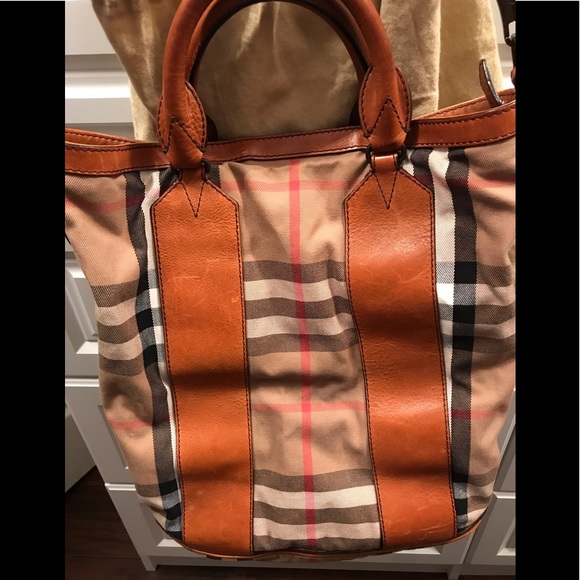 Burberry Check Canvas Leather Hobo Bag Tote - Picture 2 of 8